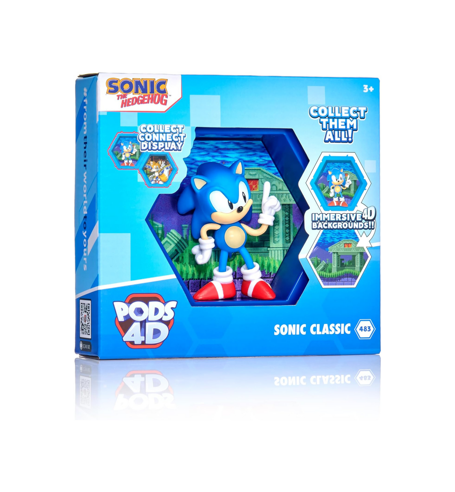 WOW! PODS 4D Classic Sonic | Unique Connectable Collectable Bobble-head figure that Bursts from their World into Yours | Wall or Shelf Display | Sonic Toys and Gifts | Series 1 no. 483