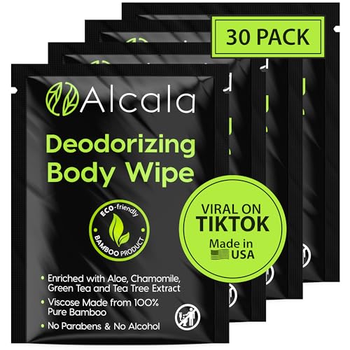 Alcala Deodorizing Body Wipes Individual Shower Wipes 100% Pure Biodegradable Bamboo Wet Wipes with Aloe Tea Tree Adult Body Wipes for Women & Men Ideal for Camping Hiking, Hospitals & Gym (30 Pack)