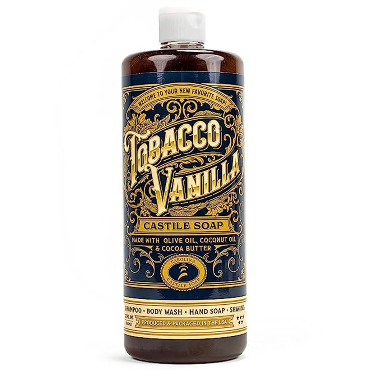 Castile Soap Liquid Body Wash Sensitive Skin �?Natural Soap for Men with Olive Oil, Cocoa Butter & Coconut Oil �?Vegan Mens Body Soap & Mens Shampoo �?Tobacco Vanilla Liquid Soap by Carolina Castile