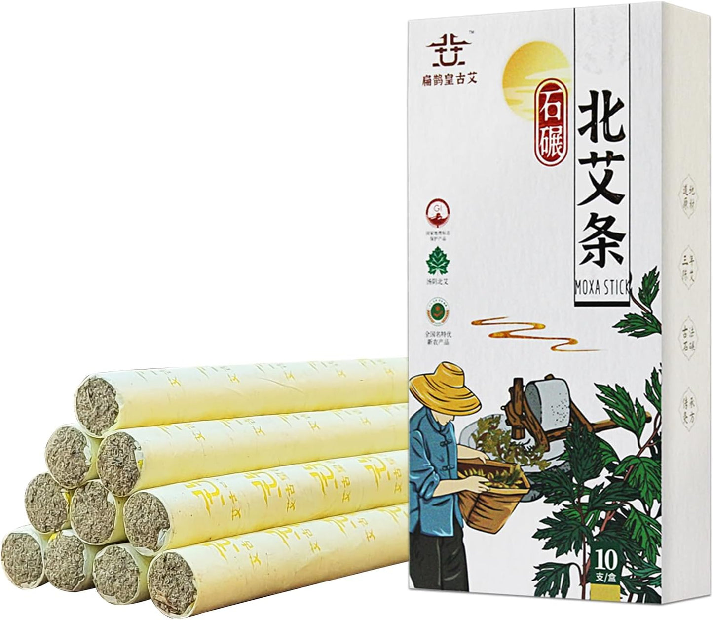 Moxa Sticks for Moxibustion, Store More Than 3-Years Natural Pure Mugwort Sticks, Stone Milling Process, Handmade Moxibustion Rolls(1.8 * 20 cm, 10 Per Box)