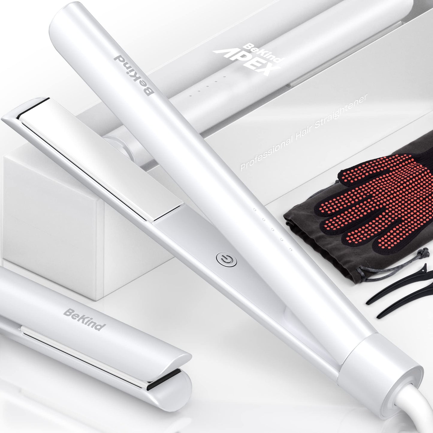 Bekind Apex 2-in-1 Hair Straightener Flat Iron | 1�?450°F Straightener & Curler for All Hairstyles | UltraSmooth Tech | 15s Fast Heating & Temp Memory | 30-in-1 Gift Set for Girls Women (Arctic White)