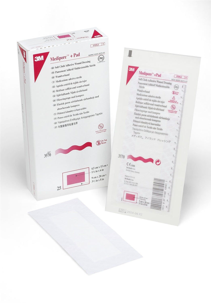 3M Medipore Soft Cloth: 3.5" x 8", 25 Count, Sterile White