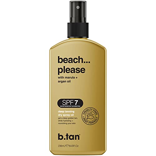 b.tan SPF 7 Deep Tanning Dry Spray | Beach... Please Tanning Oil - Get a Deep Bronze & Golden Tan, Deeply Nourishes Skin from Marula & Argan Oil, Hint of Self Tan, Vegan, Cruelty Free, 236ml