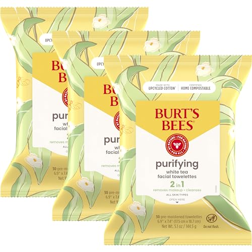 Burt's Bees White Tea Face Wipes, Mothers Day Gifts for Mom for All Skin Types, Hydrating Makeup Remover & Facial Cleansing Towelettes, 30 Ct. (3-Pack)