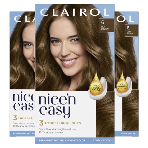 Clairol Nice'n Easy Permanent Hair Dye, 6 Light Brown Hair Color, Pack of 3