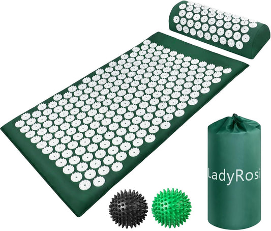 Acupressure Mat and Pillow Set with Oxford Bag, for Neck Back Pain, Muscle Relaxation Stress Relief, Relieve Sciatica and Pain Relief Set (Green)