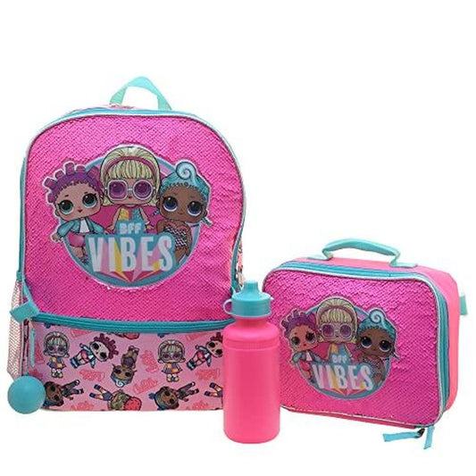 LOL Girl’s 4 Piece Backpack Set Sequin School Bag with Front Zip Pocket 2 Side Mesh Pockets Insulated Lunch Bag Water Bottle and Squish Ball Dan
