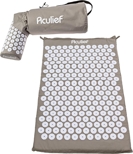 Aculief - Acupressure Mat and Pillow - Massage Mat Set - Stress and Pain Relief and Relaxation for Total Body Use - at Home and On-The-Go Use - 7000 Acupressure Points (Beige)