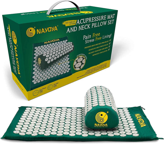 Neck and Back Pain Relief - Acupressure Mat and Neck Pillow Set - Relieves Stress and Sciatic Pain for Optimal Health and Wellness - Comes in a Carry Box with Handle for Storage and Travel