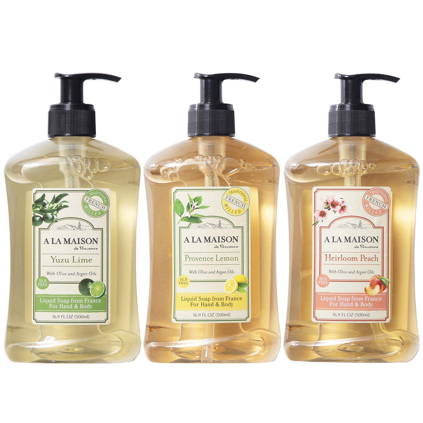 A LA MAISON Liquid Soap, Lime, Lemon, Peach - Uses: Hand and Body, Triple Milled, Essential Oils, Biodegradable, Plant Based, Vegan, Cruelty-Free, Alcohol & Paraben Free (16.9 oz, 3 Pack)